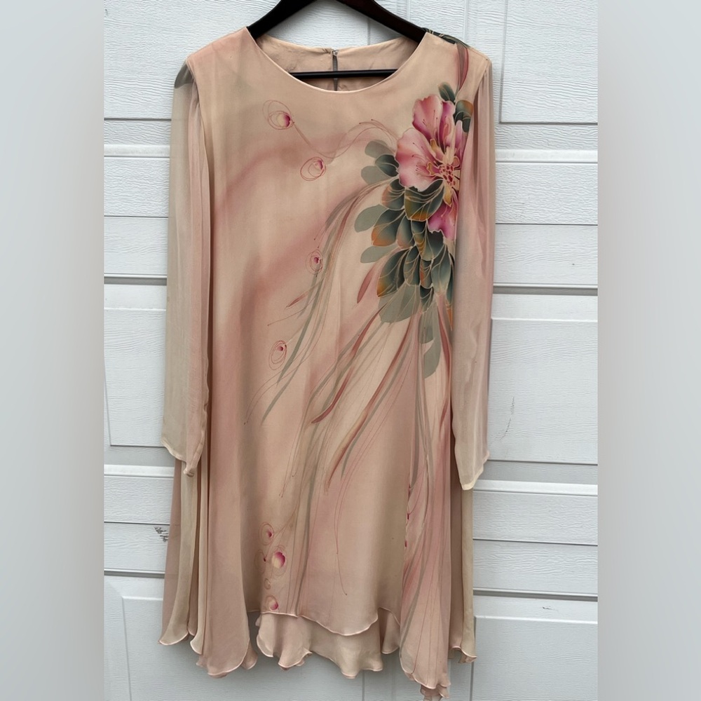 VTG Yolanda Lorente Hand Painted silk dress floral chiffon size M